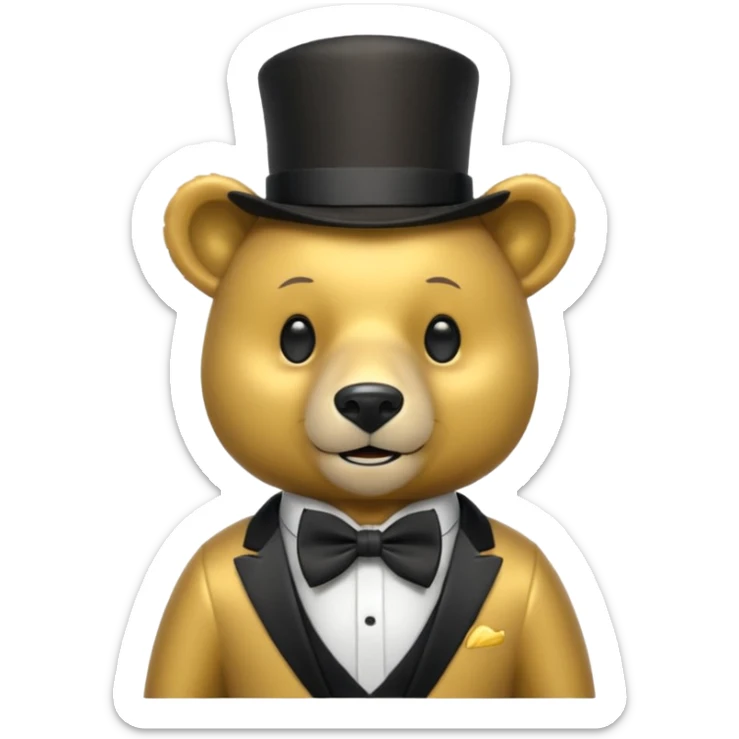Oso dorado con sombrero elegante y moño negro animatronico feliz sticker