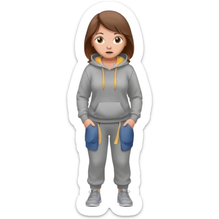 Chica grande  asustada de cuerpo completo con pelo castaño pantalones grises y hoodie gris  sticker