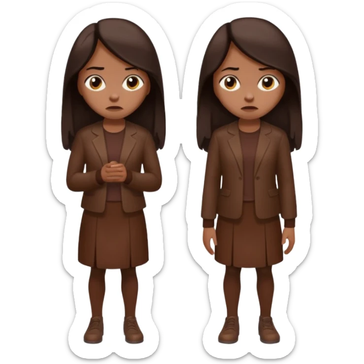 =Cartoon emoji of a woman with long, loose dark hair, wearing chocolate-colored clothes. Full-height, standing, nervous, unsure, worried expression. Slightly hunched, anxious posture. Smooth, simple, stylized sticker