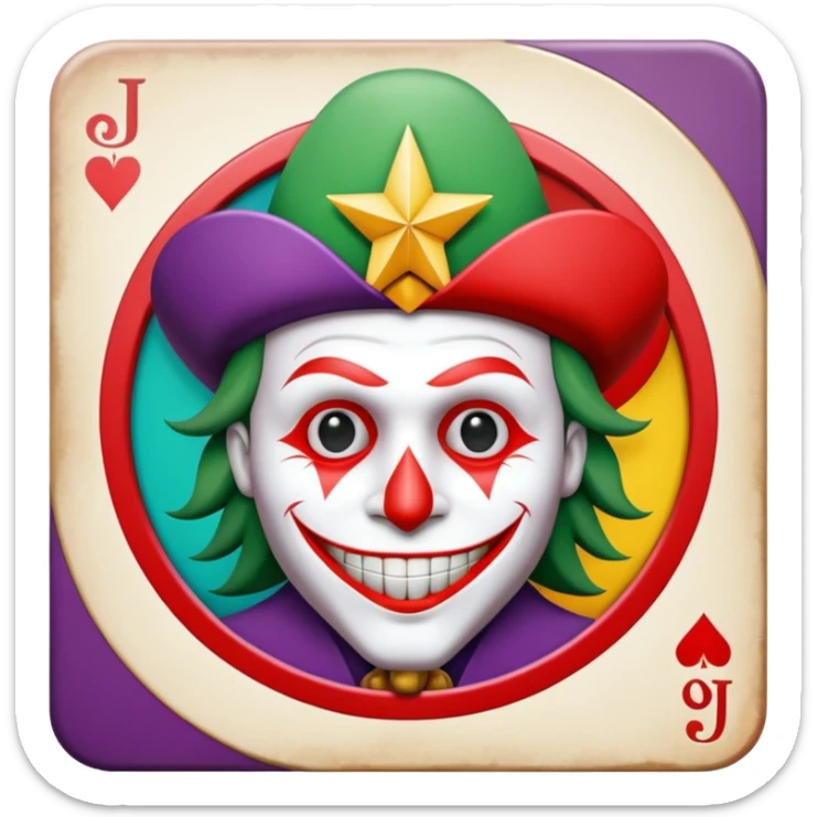 1 poker card, perfectly squared card, with crazy colorful human jolly joker inside, star symbol with a "J" sticker