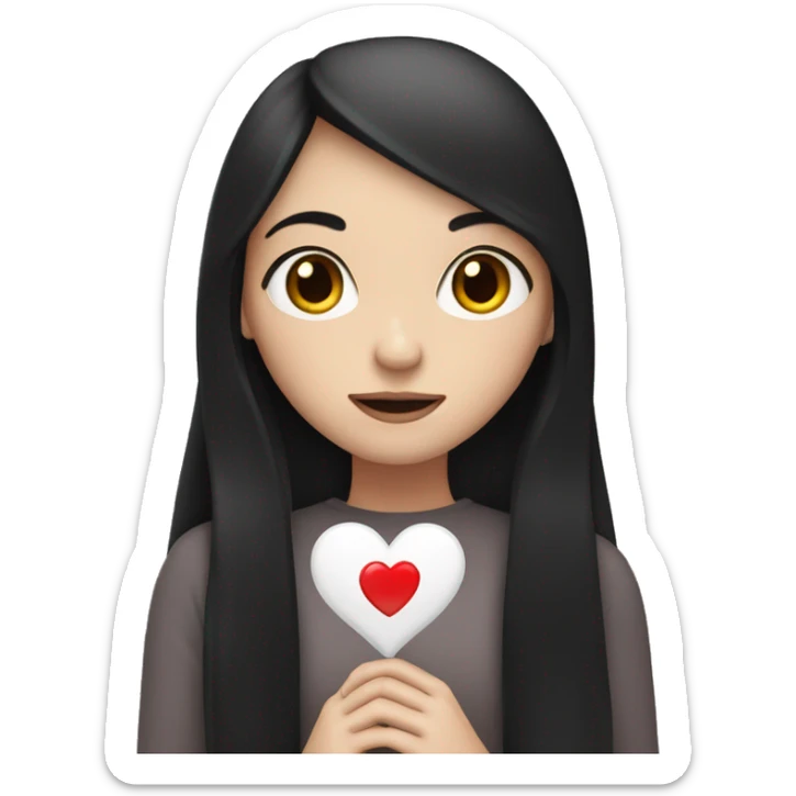 Pale girl with long black hair holding heart in her hands  sticker