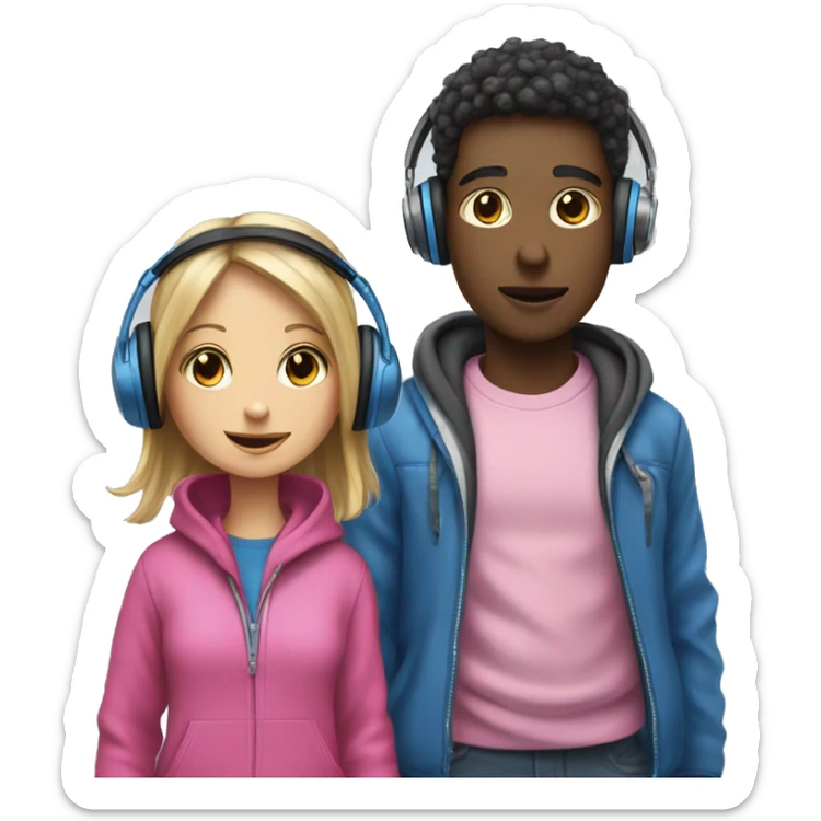 A BOY IN BLU CLOTES AND A GIR I PINK CLOTHE WEARING HEADPHONES sticker