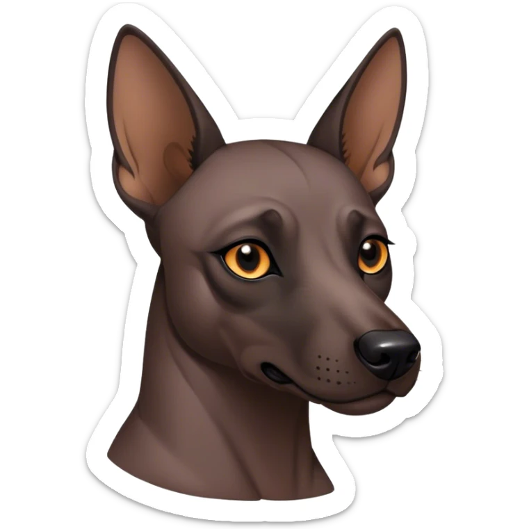 Cinematic Noble Xoloitzcuintle dog Portrait Emoji, Poised and regal, with a sleek, muscular build and smooth, hairless ebony skin accented by subtle wrinkles, deep-set soulful dark eyes, Simplified yet sharp and sophisticated features, highly detailed, glowing with a soft, dignified glow, high shine, intelligent and loyal, stylized with an air of ancient grace, focused and attentive, soft glowing outline, capturing the essence of a watchful and confident guardian, so majestic it feels as though it could stride out of the screen with effortless authority! sticker