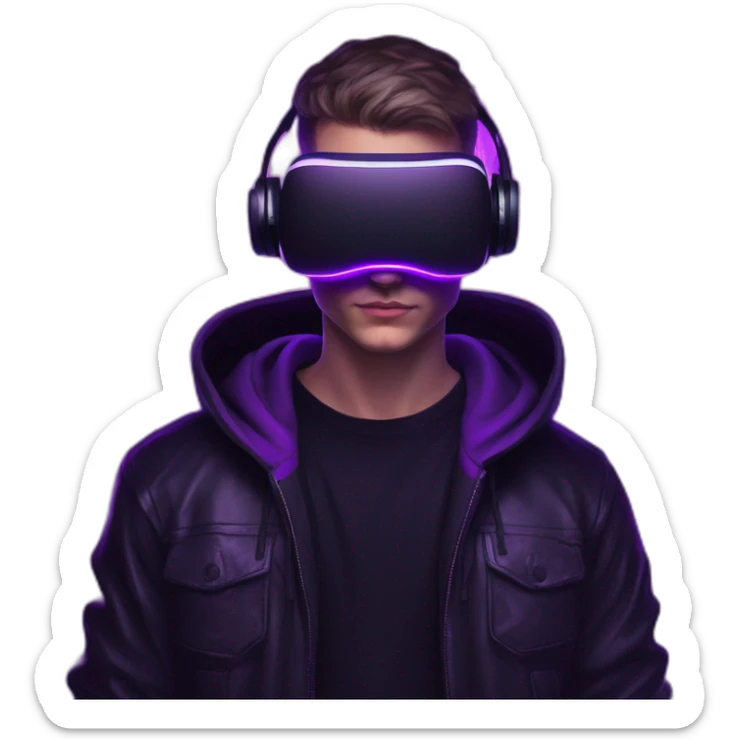 Russian young man wearing a black hoodie with "keesy" letters on it and VR headset in a cyberpunk VR environment with violet neon lighting. sticker