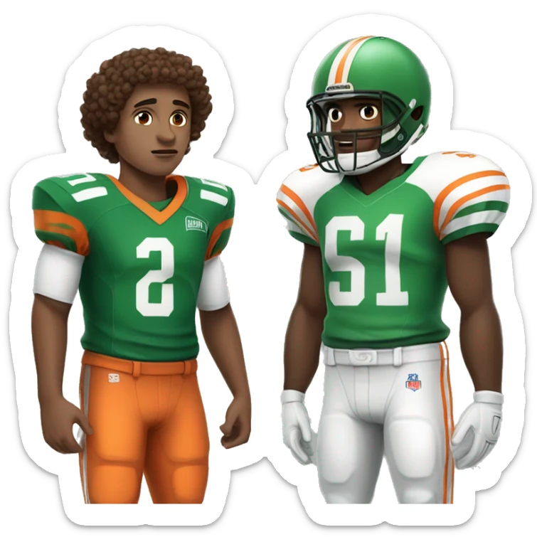 white boy with curly brown hair Football player in green and white jersey, facing off with football player in orange and black jersey sticker