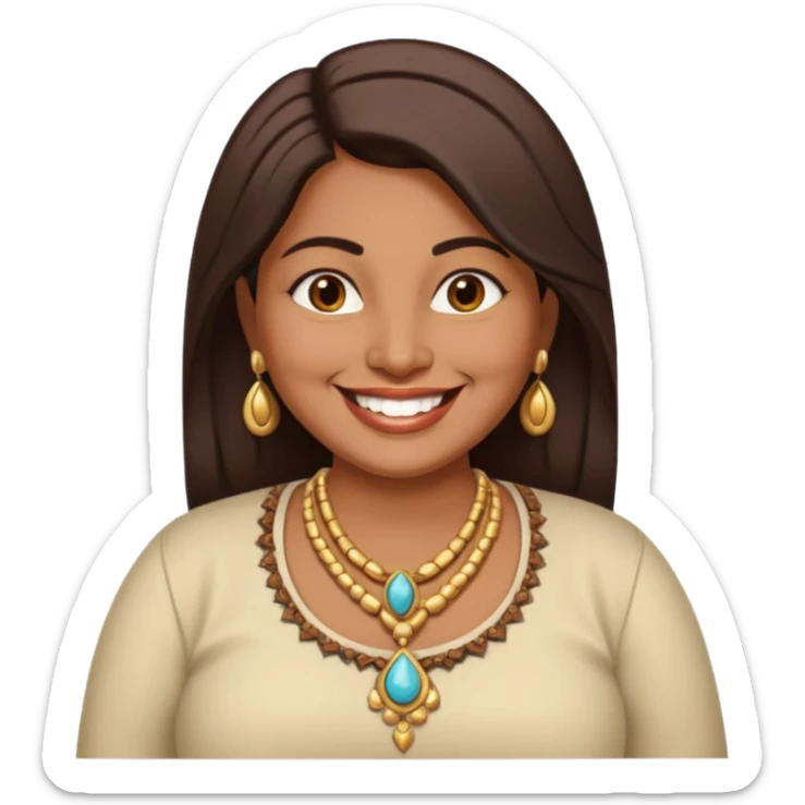 40 yr old chubby indian woman, dark skin, straight brown hair, big smile, white teeth, western clothes sticker