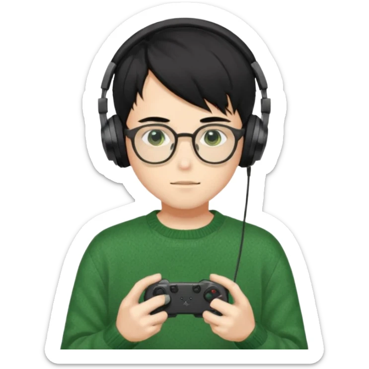 
gamer, Gorgeous green sweater black hair anime style shojo guy glasses, headphone, gamepad sticker