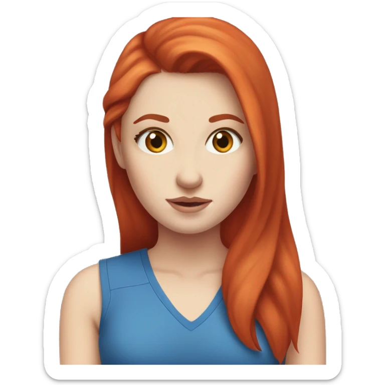 Pale skinned white girl With straight red hair and blue eyes wearing a Ferrari shirt and rolling her eyes sticker