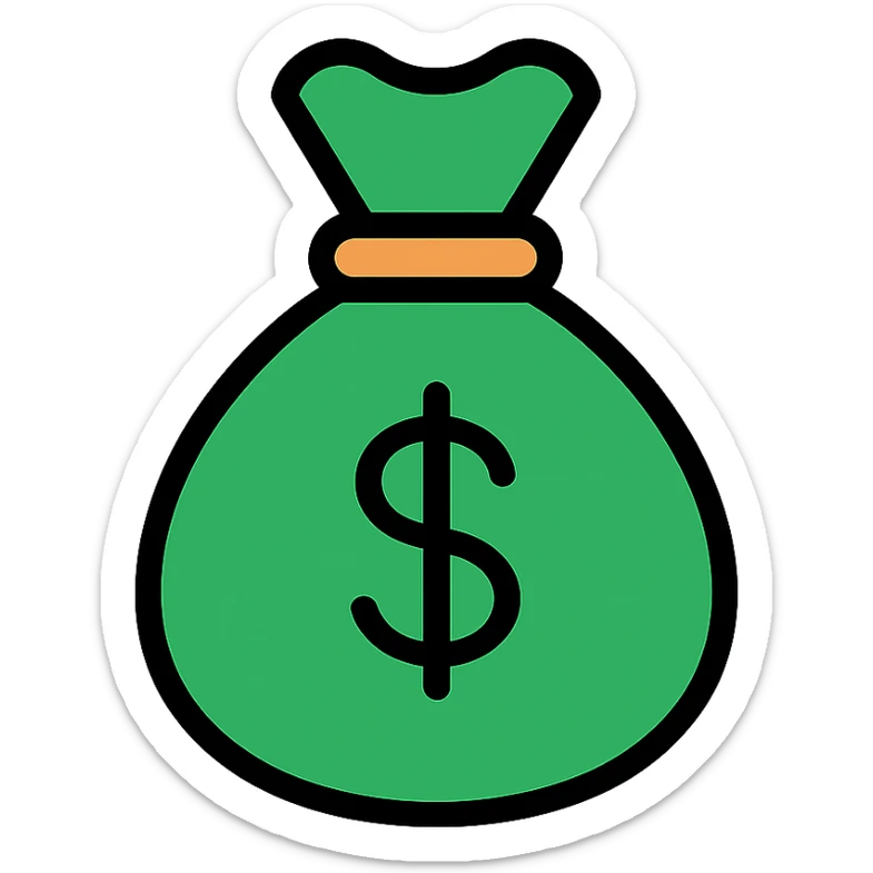 A money bag in color outline style, featuring a green bag with a dollar sign, outlined with black, no additional text or symbols. sticker