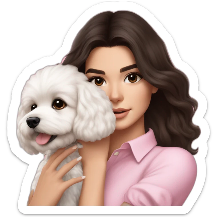 brunette Kendall Jenner with long hair holding on the hands white maltipoo wear on pink collar sticker
