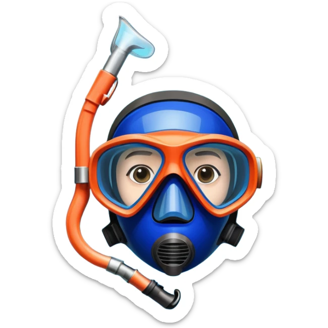 An icon featuring a close-up of a freediving mask and snorkel, with a breath-holding diver's fins, set against a vibrant underwater world. The design includes coral reefs, fish, and bubbles, symbolizing the serene beauty and thrill of freediving. Transparent background highlights the calm sticker