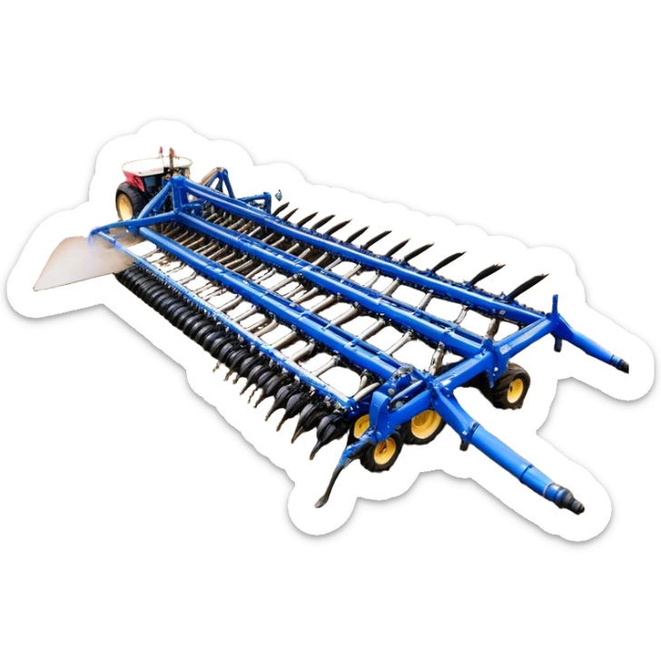 Bourgault 3420 Paralink Hoe Drill (2022) – Cinematic-realistic Bourgault 3420 Paralink Hoe Drill, its massive blue frame stretching across the vast fields. The powerful machine plants seeds with pinpoint accuracy as the sun rises over the horizon, golden dust swirling in the crisp morning air. sticker