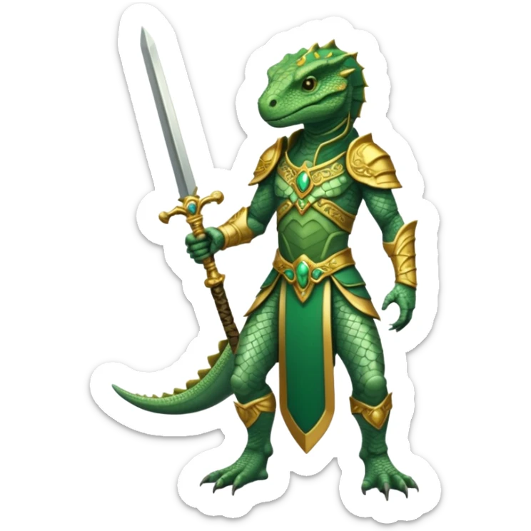full body reptilian humanoid in ancient outfit holding a gold sword ornate details sticker