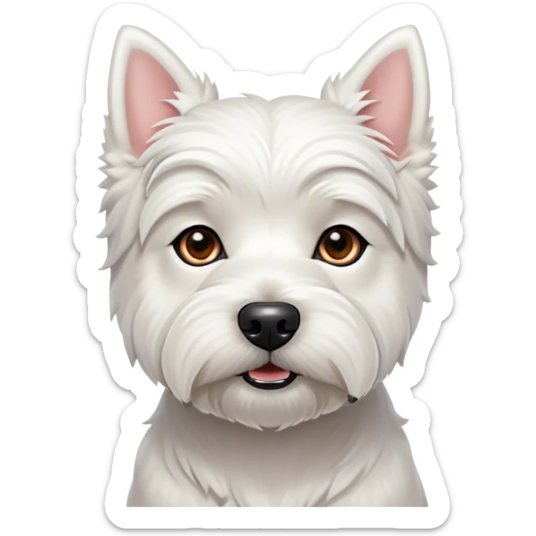 Cinematic Noble West Highland White Terrier Portrait Emoji, Poised and regal, with a compact, sturdy build and a pristine, well-groomed pure white coat, deep-set soulful dark eyes, Simplified yet sharp and sophisticated features, highly detailed, glowing with a soft, dignified glow, high shine, intelligent and loyal, stylized with an air of confidence, focused and attentive, soft glowing outline, capturing the essence of a watchful and determined companion, so majestic it feels as though it could trot out of the screen with effortless authority! sticker