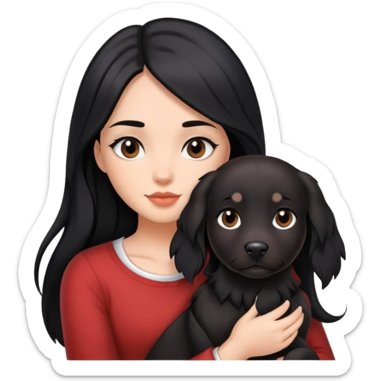 brunette girl with long black hair holding a black mutt sticker