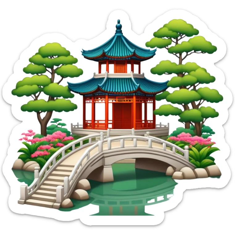Suzhou classical garden with pavilion, simplified emoji style with bold outlines and bright colors, cartoon style traditional Chinese garden sticker