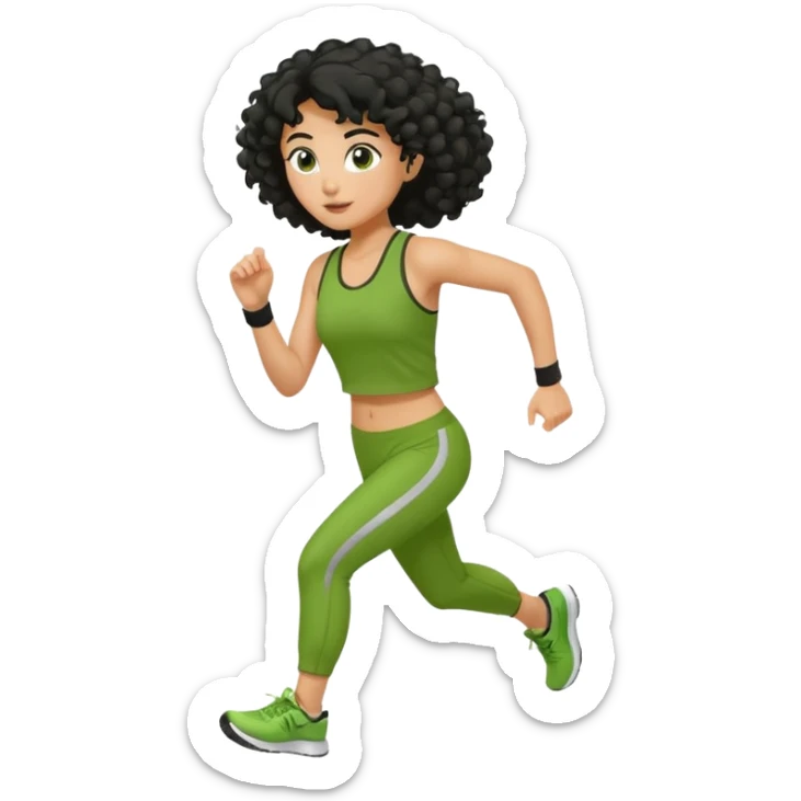 a woman with olive skin tone and curly black hair wearing green and jogging sticker