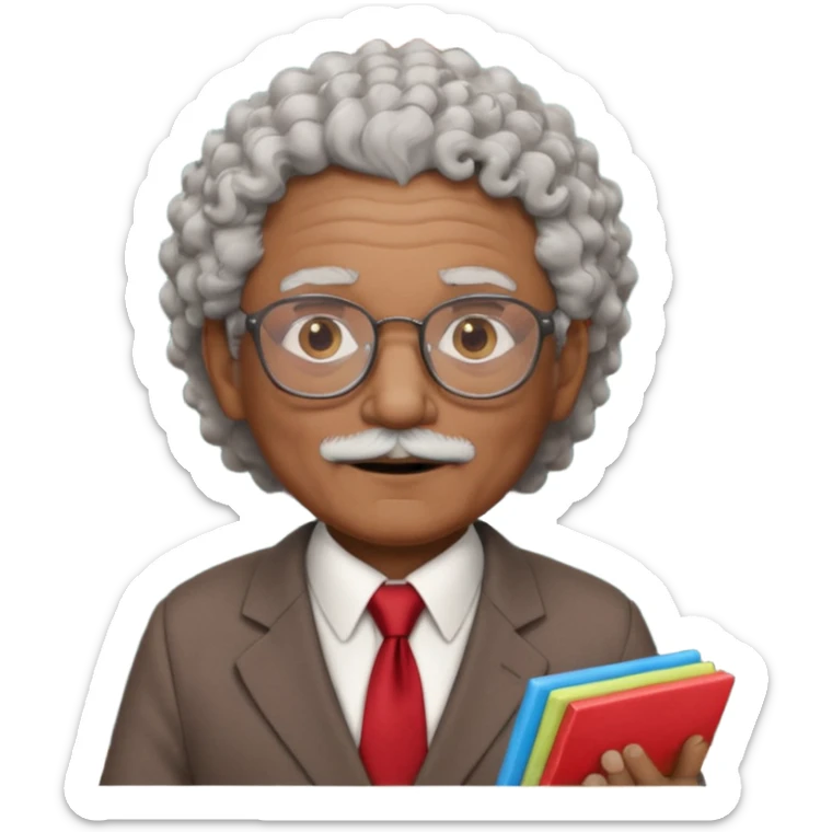 old man teacher, brown skin, curly grey white hai, wearing glasses, brown suit, red tie hold chalk on hand sticker