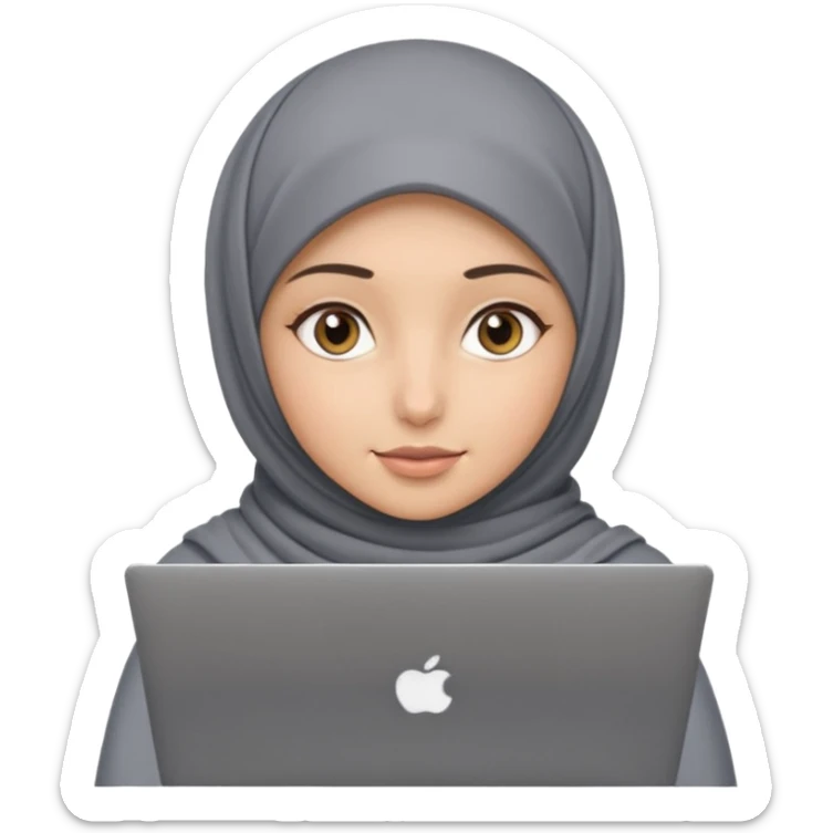 A girl wearing a gray hijab and with hazel eyes is carrying a laptop, not a laptop, just a regular laptop. Not mat bock  sticker