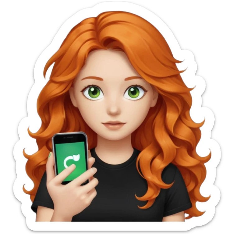 Girl with dark long orange wavy hair, green eyes, and black t-shirt and phone with tiktok app on hand sticker