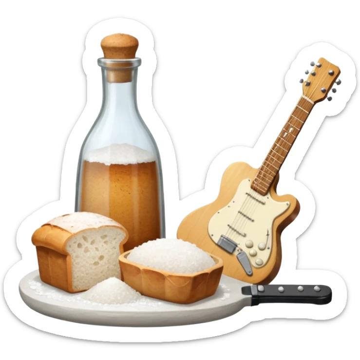 a bottle of salt (salt shaker) and a loaf of peasant bread with a small electric guitar - still life composition sticker