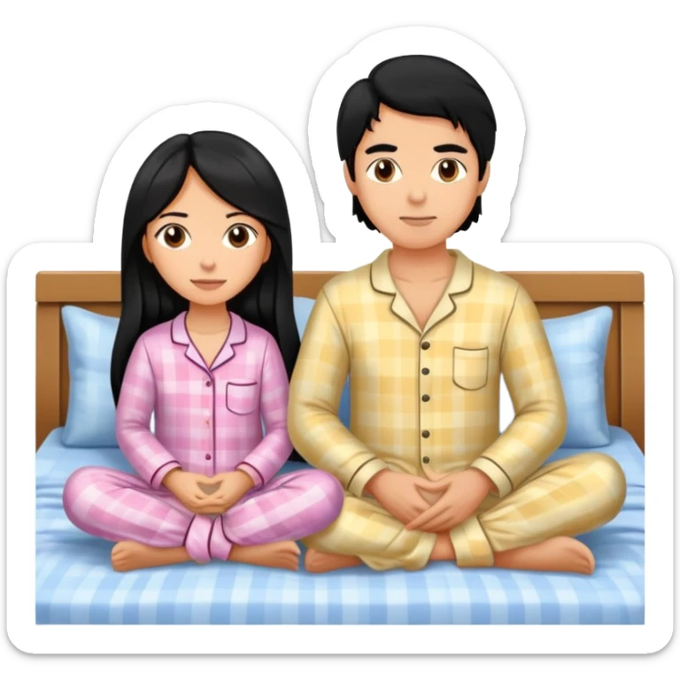 A man with black hair and a woman with long hair are sitting on the bed in pajamas sticker
