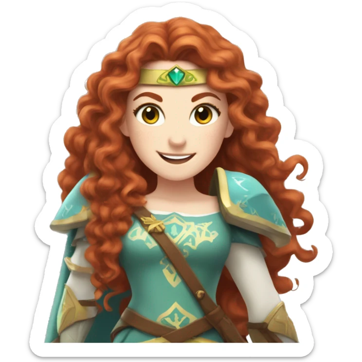 a white girl with long red curly hair and freckles, cosplaying Princess Zelda posing and smiling sticker