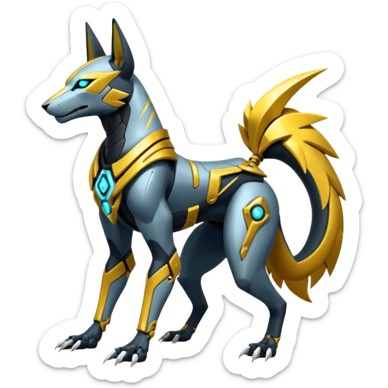 White and gold cyberpunk intricate neon glowing grey white futuristic cyborg-Anubis-Zeraora-Zoroark-fusion (full body) sticker