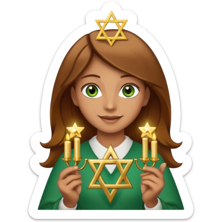 White but tan person with lightish brown hair girl has green eyes and holding the Star of David and a menorah looking at it smiliing sticker