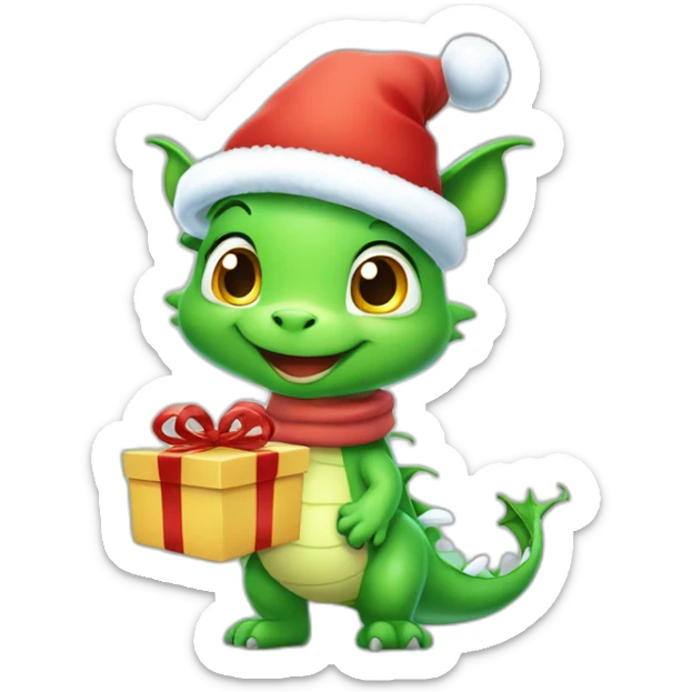 happy little green cartoon dragon of child, in winter, in work pants, in work clothes, in winter boots, in a Santa Claus hat, New Year, with presents sticker