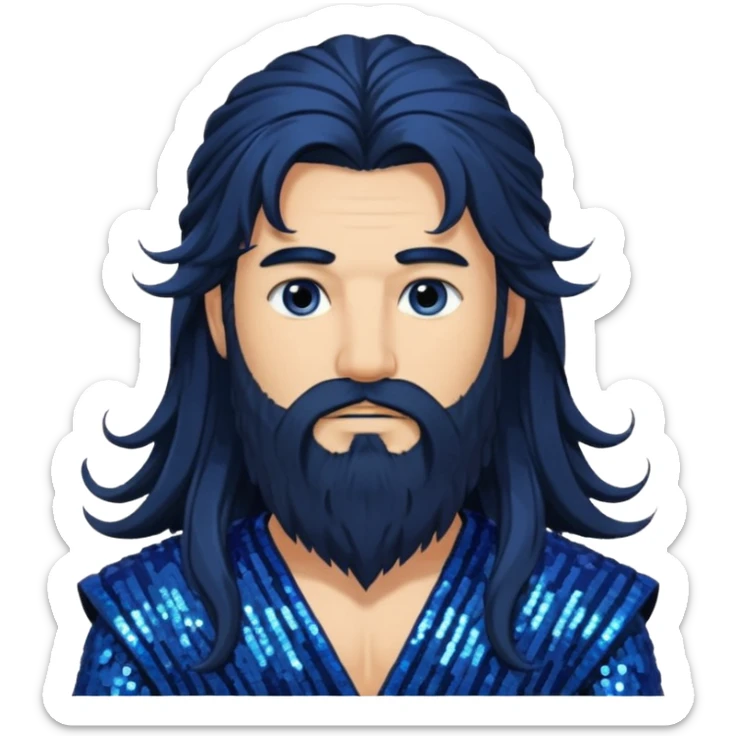 Boreas, God of North Wind from Gods and Goddesses with long black shaggy hair and beard, deep blue sequin outfit sticker