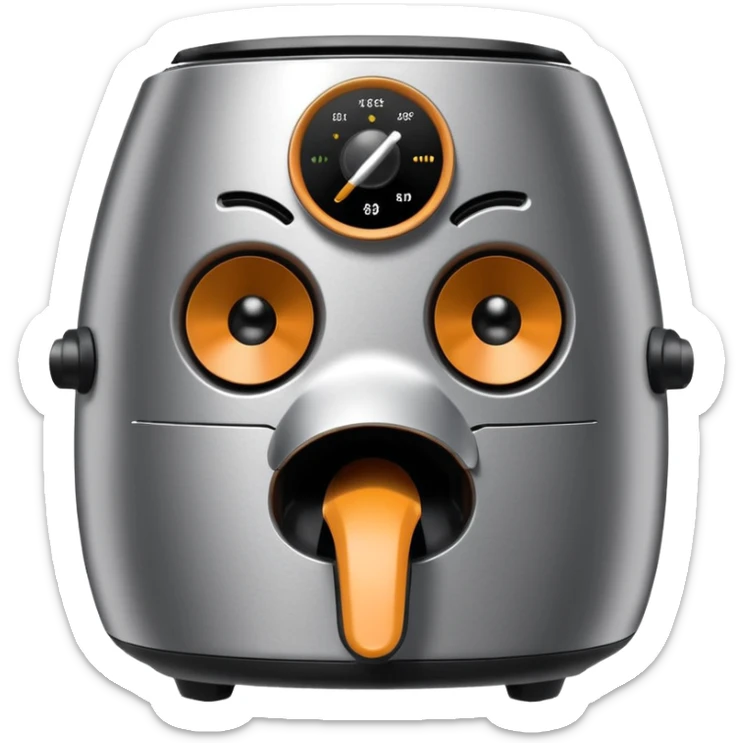 An air fryer with the knobs and handles made to look it's eyes, nose and mouth, hysterically crying with laughter sticker
