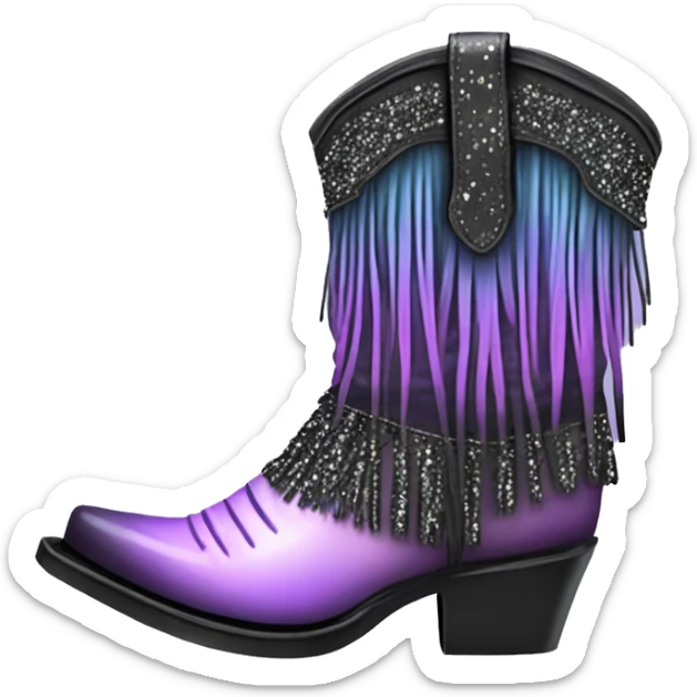 Realistic pastel purple to black ombre pair of fashion cowgirl boots with sparkly shiny glitter fringe on them. sticker