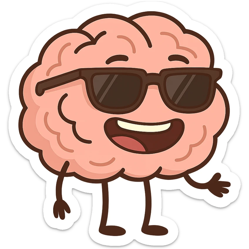 cartoon style icon of a brain wearing sunglasses, smiling, emoji for chat sticker