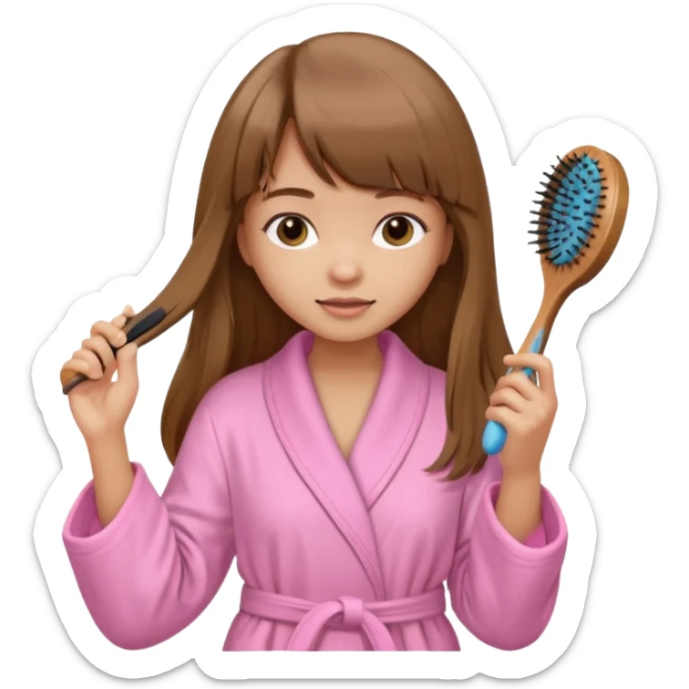 a girl with light skin and medium brown long hair with bangs who is brushing her hair with a hairbrush and she is wearing a light pink bathrobe sticker