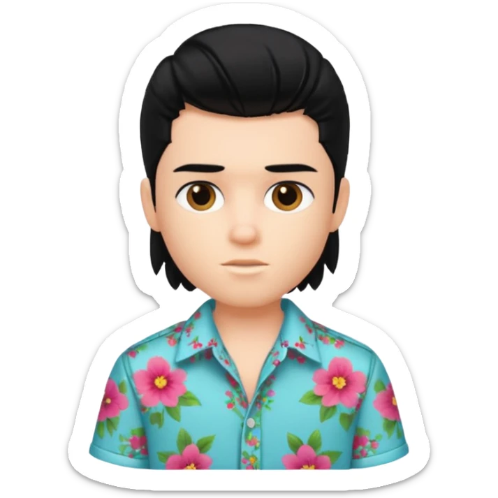 generate a pretty bratz fair skinned boy with a mullet black hair wearing a floral shirt sticker