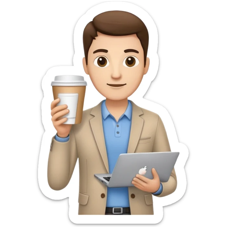 business owner confidently, holding a closed laptop in one hand and a takeaway coffee cup in the other. The character wears casual-smart clothes. sticker