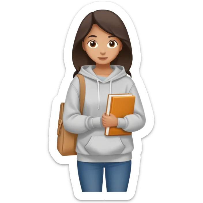 A flat-style illustration of a woman college student with a tote bag over the shoulder and a book in one hand. The student wears a hoodie. Clean cartoon style, white background, iOS emoji aesthetic. sticker