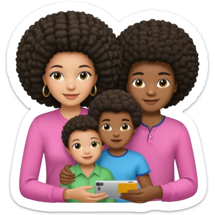 Polaroid photo with a dark woman with an afro hairstyle and a green blouse, two children: a boy with straight hair and a blue shirt, and a baby girl in a pink shirt. All are smiling. sticker
