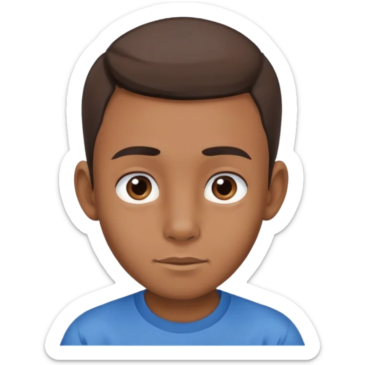 make an emoji of face of a young 11 year old boy wearing blue plain t-shirt and brown skintone with strait hairs and big ears and eye brows sticker