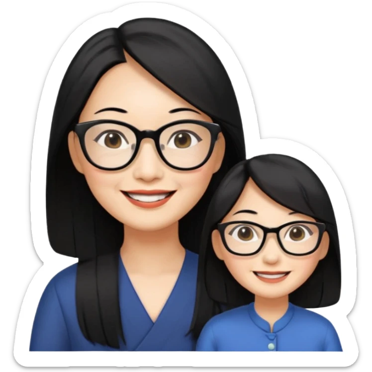 50 yr old asian woman, long straight black hair, side part, big glasses sticker