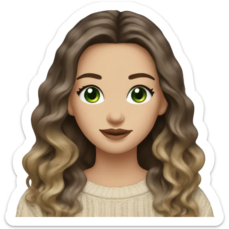 Brunette balayage long hair white women beige sweater with green eyes  sticker