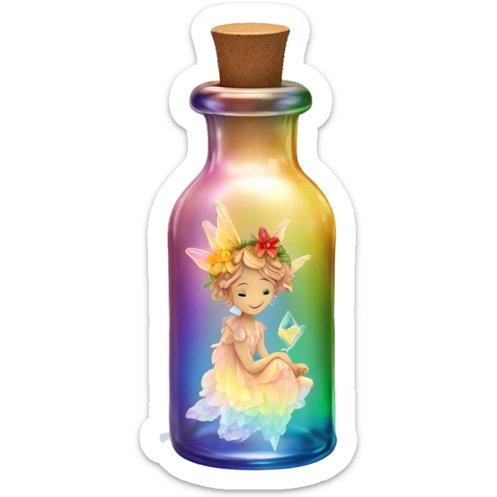 Antique oil bottle made of crystal glass of all gentle colors of the light rainbow, a living flower fairy sits at the bottom of the bottle sticker