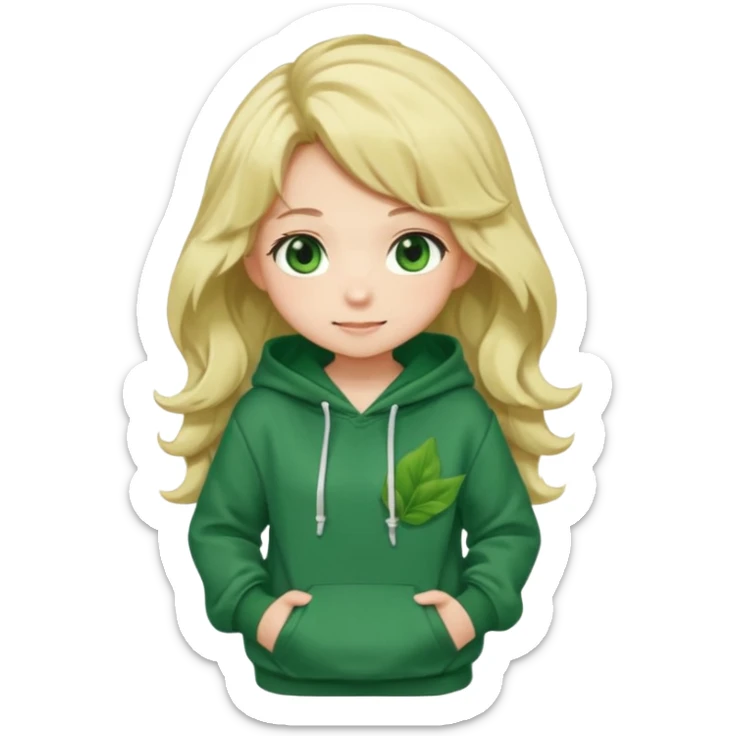 Chibi anime girl, full body, long wavy blonde hair, large green eyes, blushing cheeks, shy smile, leaning forward, wearing an oversized green hoodie with a dark green leaf pattern. sticker