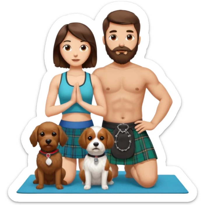 emoji of brunette man with beard wearing kilt, brunette woman in yoga outfit and white cockapoo dog sticker