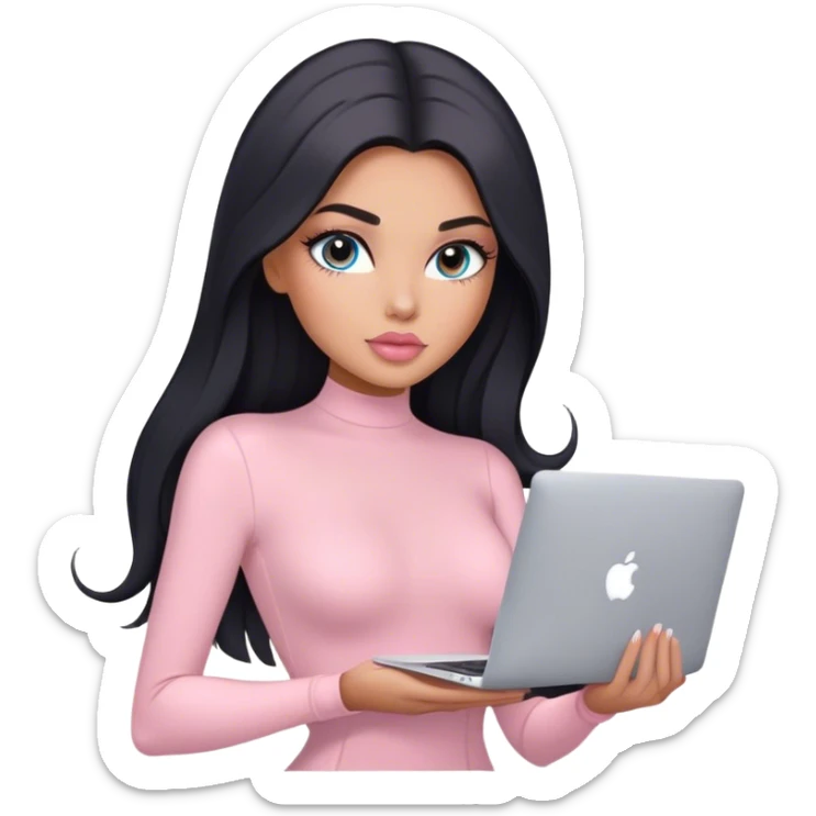 Glamours, tanned, very beautiful girl, with big pump peach-beige-rose lips, long lashes, black straight smooth silky long hair, straight parting hair, blue-grey eyes, in light-pink bodysuit holding MacBook sticker