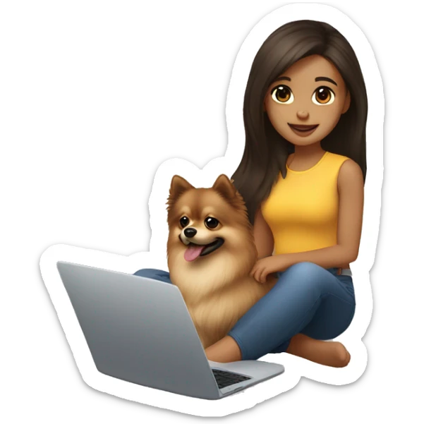 A girl with long dark brown hair, brown eyes , light skin, in front of a laptop with a pomeranian next to her sticker
