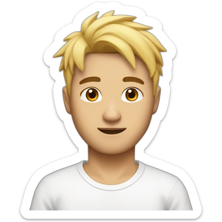 asian guy with blonde hair and black roots, white tee shirt with fox logo sticker