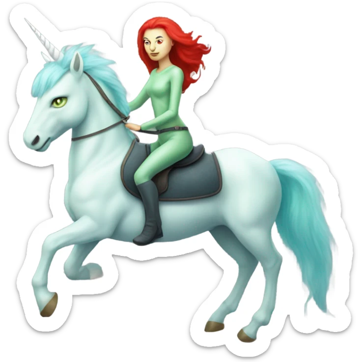 [politically incorrect
	{ woman: alien, color: light green, hair:red, eyes:cat} ]
	on a 
	[{ unicorn: white, legged:four, mane: light blue }] sticker