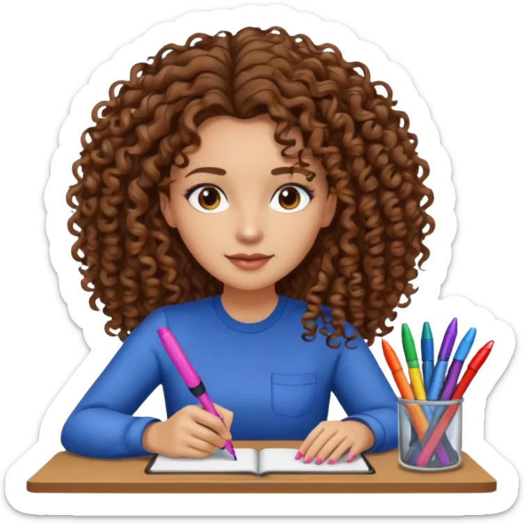A women curly hair long and light skin with markers on her desk sticker